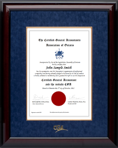 Glossy mahogany wood frame with blue velvet mat (BLUV/GF) for VERTICAL CGA Ontario designation